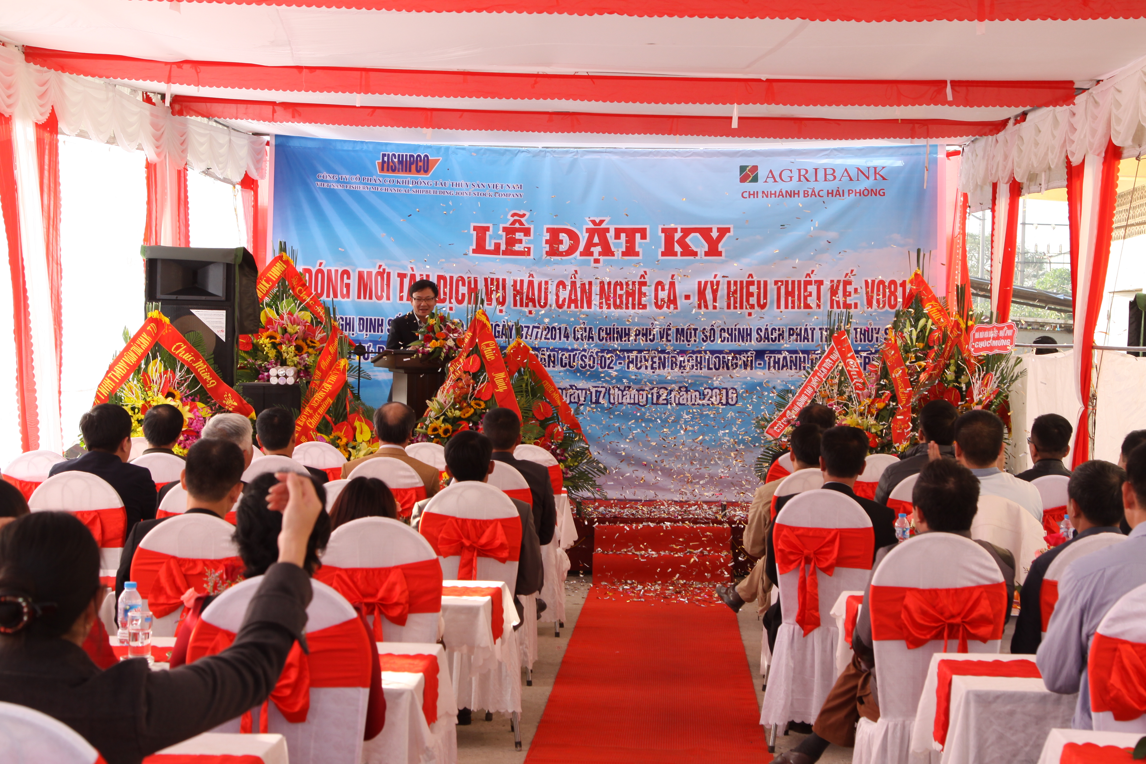 Lễ đặt ky đóng mới  tàu dịch vụ hậu cần nghề cá ( ký hiệu thiết kế V081) cho chủ đầu tư là: Bà Đồng Thị Tuyết – Huyện Bạch Long Vĩ, Tp. Hải Phòng